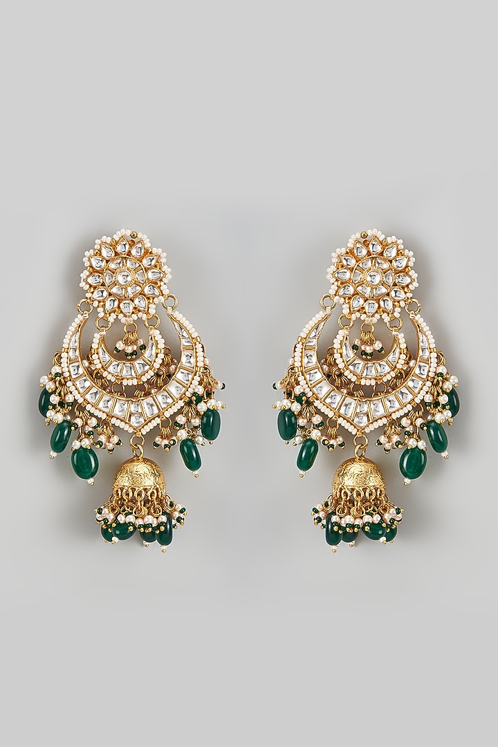 Gold Finish Kundan Polki & Green Drop Chandbali Earrings by Adityam Jewels at Pernia's Pop Up Shop