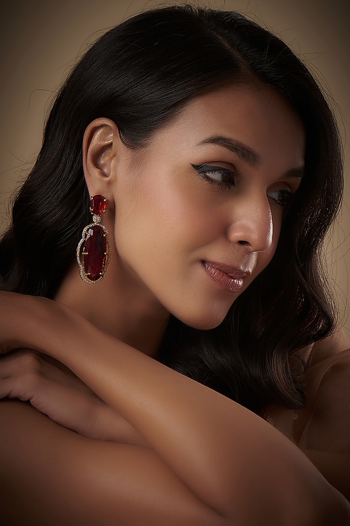 Gold Finish Red Kundan Polki Dangler Earrings by Adityam Jewels at Pernia's Pop Up Shop