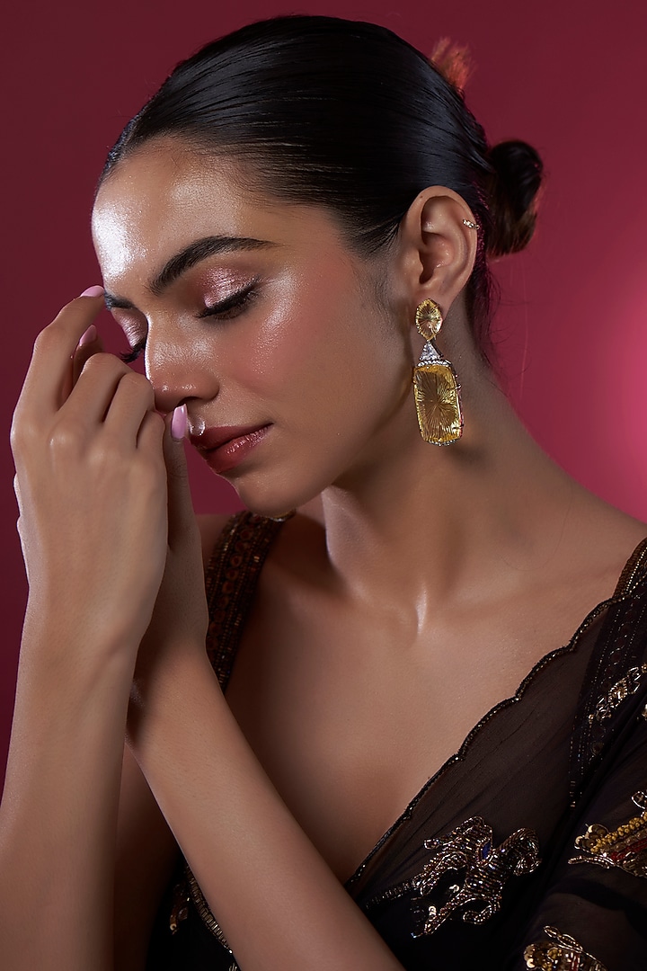 Gold Finish Yellow Kundan Polki Dangler Earrings by Adityam Jewels at Pernia's Pop Up Shop