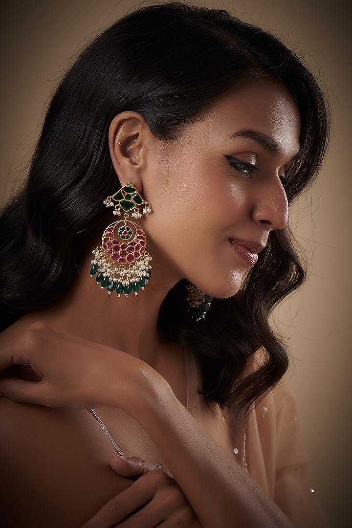 Gold Finish Kundan Polki Chandbali Earrings by Adityam Jewels at Pernia's Pop Up Shop