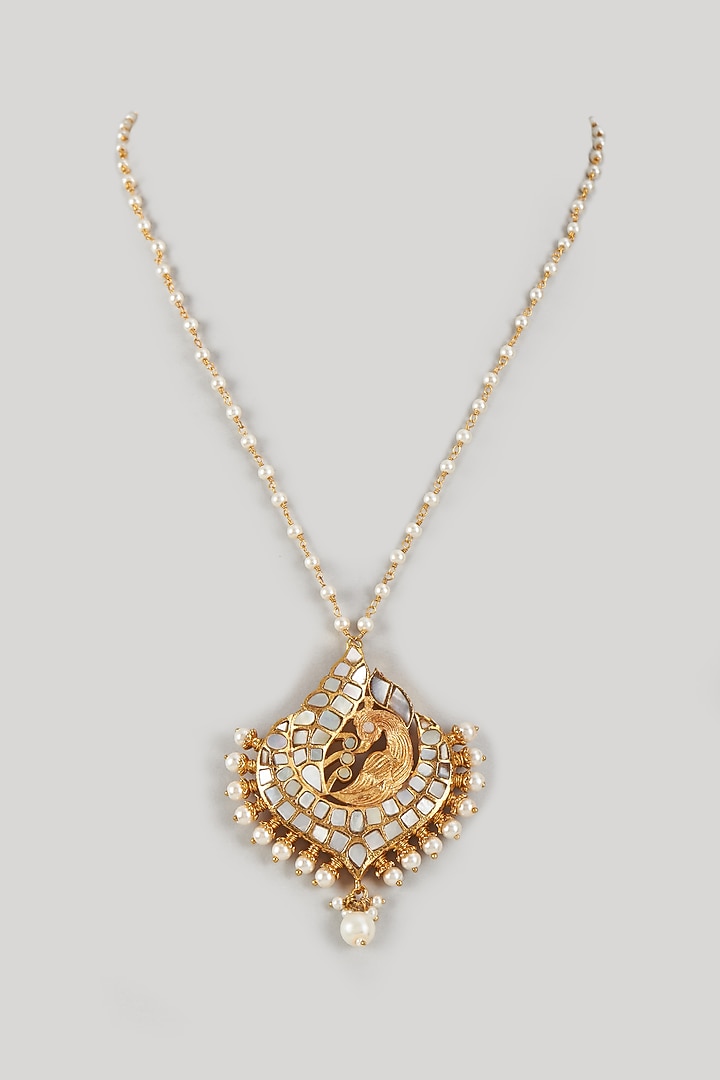 Gold Finish Kundan Polki & Mother Of Pearl Long Necklace by Adityam Jewels at Pernia's Pop Up Shop