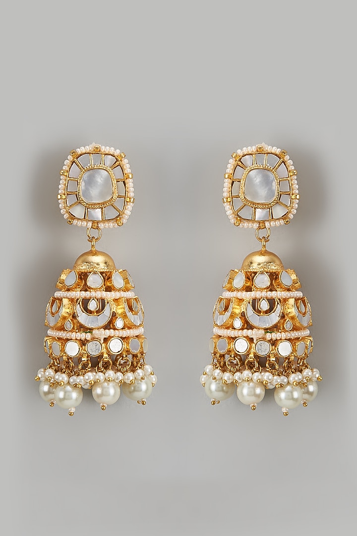 Gold Finish Kundan Polki & Pearl Drop Jhumka Earrings by Adityam Jewels at Pernia's Pop Up Shop