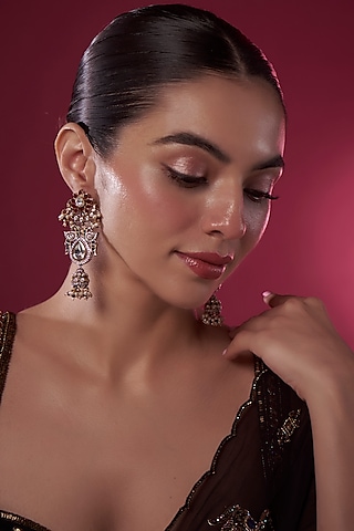 Gold Finish Red Kundan Polki Chandbali Earrings by Adityam Jewels