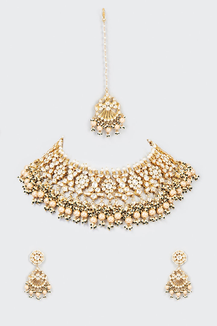 Gold Finish White Kundan Polki Necklace Set By Adityam Jewels At Pernia