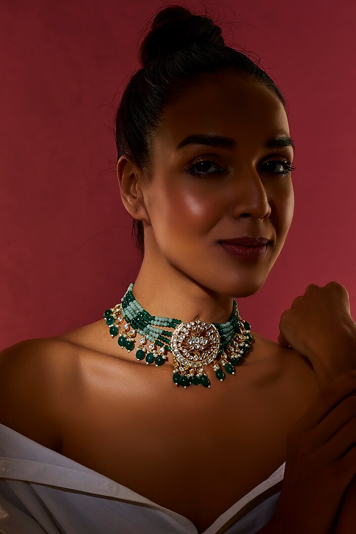 Gold Finish Kundan Polki Choker Necklace by Adityam Jewels at Pernia's Pop Up Shop