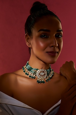 Gold Finish Kundan Polki Choker Necklace by Adityam Jewels