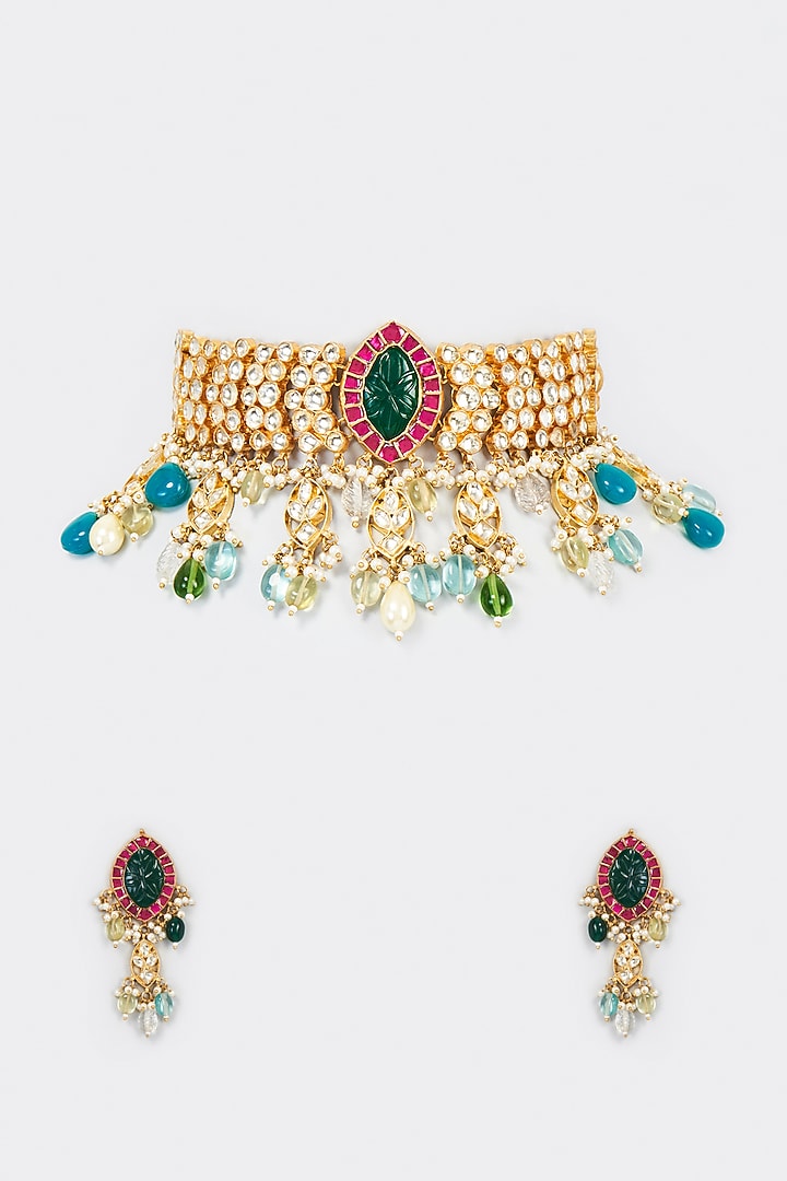 Gold Finish Pink Kundan Polki Necklace by Adityam Jewels at Pernia's Pop Up Shop