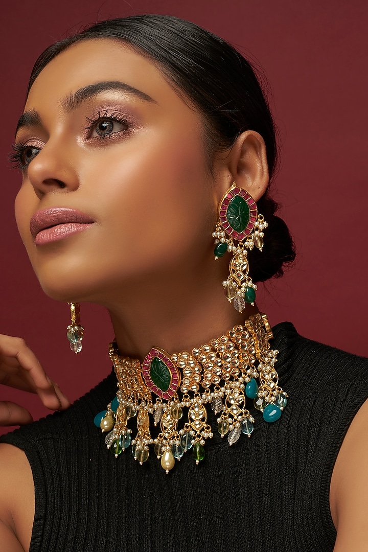 Gold Finish Pink Kundan Polki Necklace by Adityam Jewels at Pernia's Pop Up Shop
