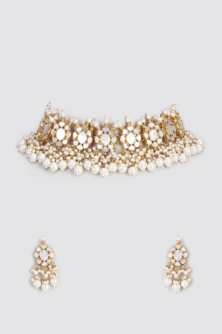 Gold Finish Mother Of Pearl & Kundan Polki Choker Necklace Set by Adityam Jewels at Pernia's Pop Up Shop