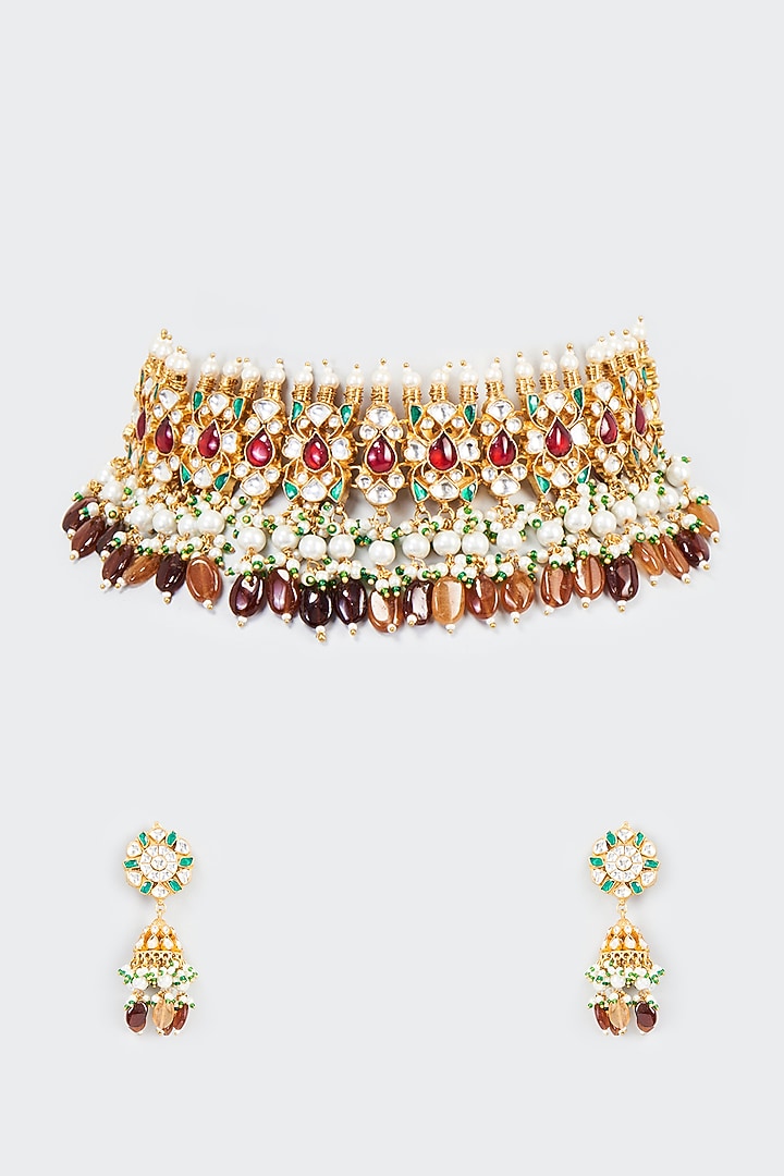 Gold Finish White Kundan Polki Necklace Set by Adityam Jewels at Pernia's Pop Up Shop