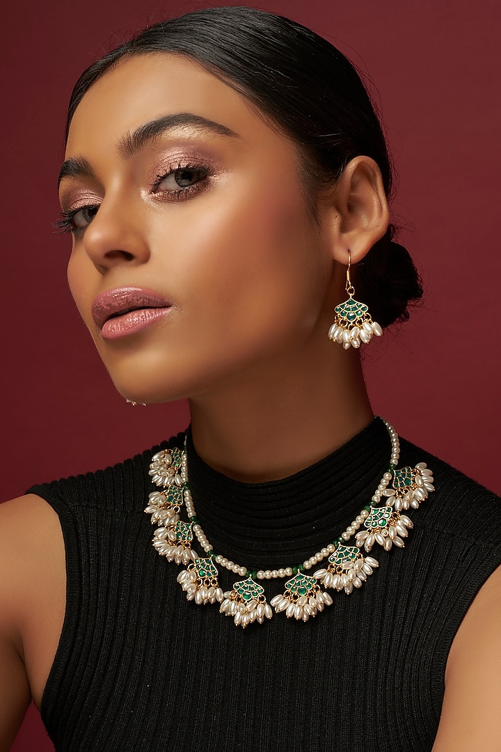 Gold Finish Green Kundan Polki Choker Necklace Set by Adityam Jewels