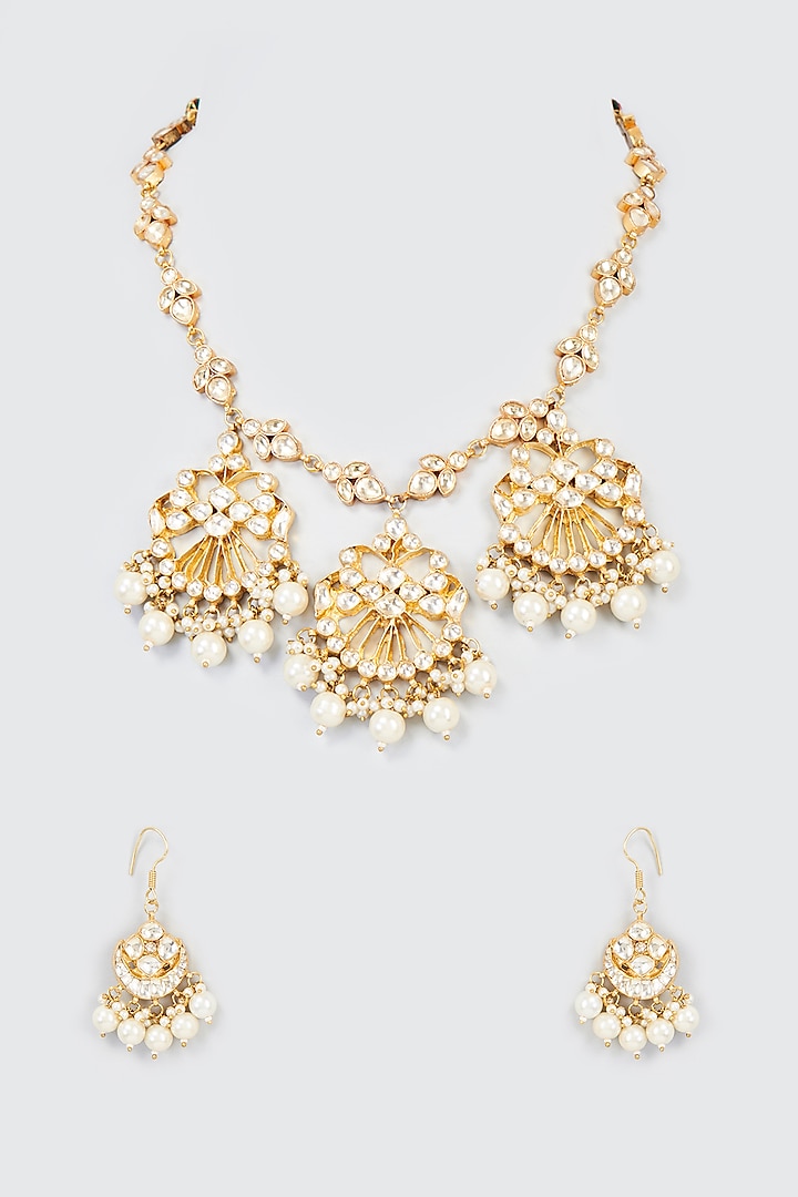 Gold Finish White Kundan Polki Long Necklace Set By Adityam Jewels At