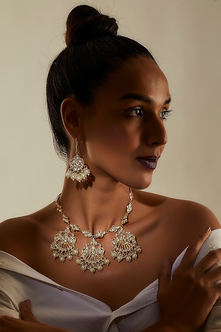 Gold Finish White Kundan Polki Long Necklace Set by Adityam Jewels