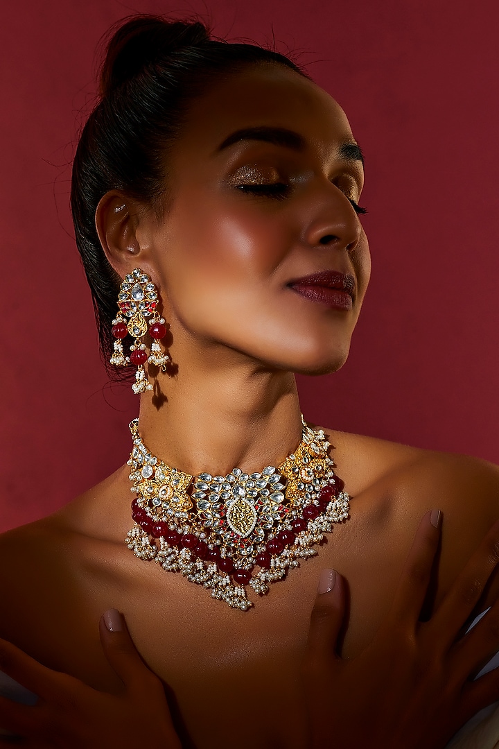 Gold Finish Kundan Polki Necklace Set by Adityam Jewels