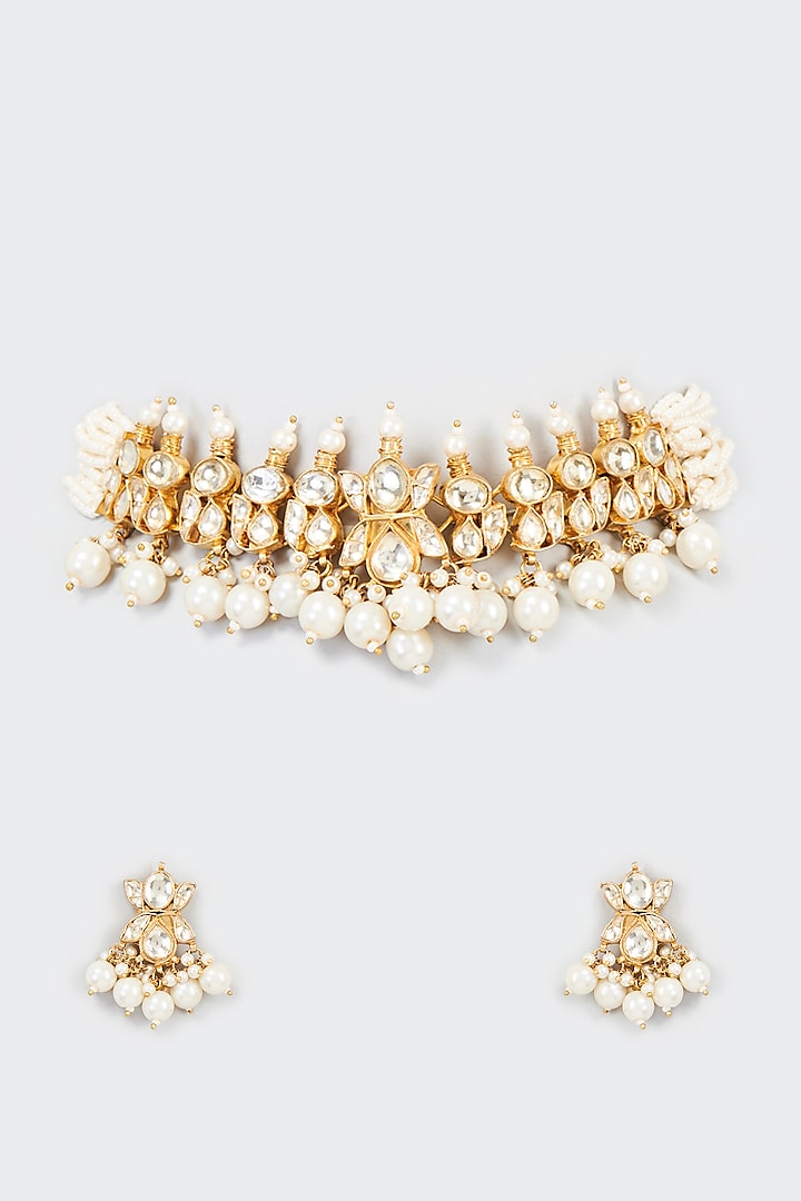 Gold Finish White Kundan Polki Choker Necklace Set by Adityam Jewels