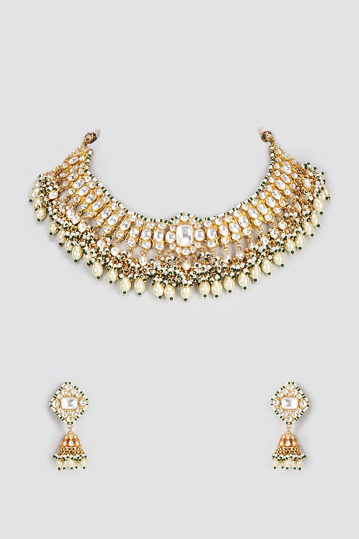Gold Finish Kundan Polki Necklace Set by Adityam Jewels at Pernia's Pop Up Shop