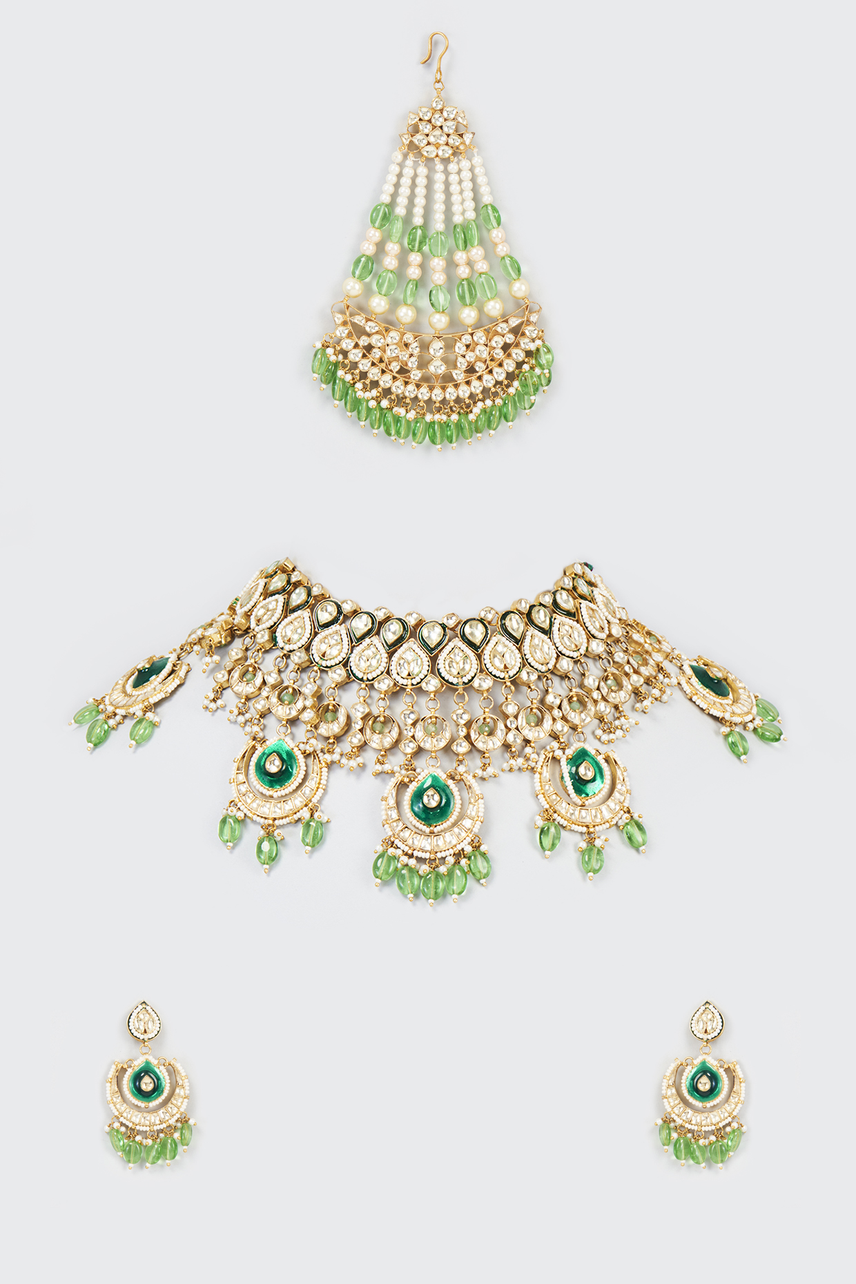 Gold Finish Green Kundan Polki Necklace Set by Adityam Jewels
