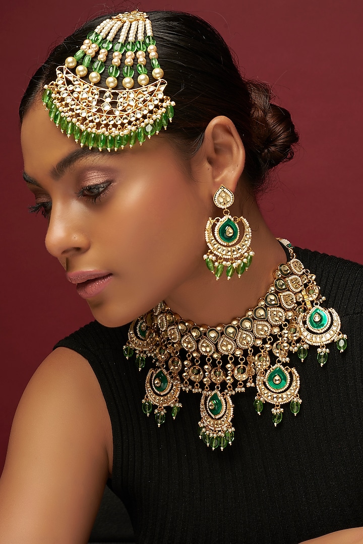 Gold Finish Green Kundan Polki Necklace Set by Adityam Jewels