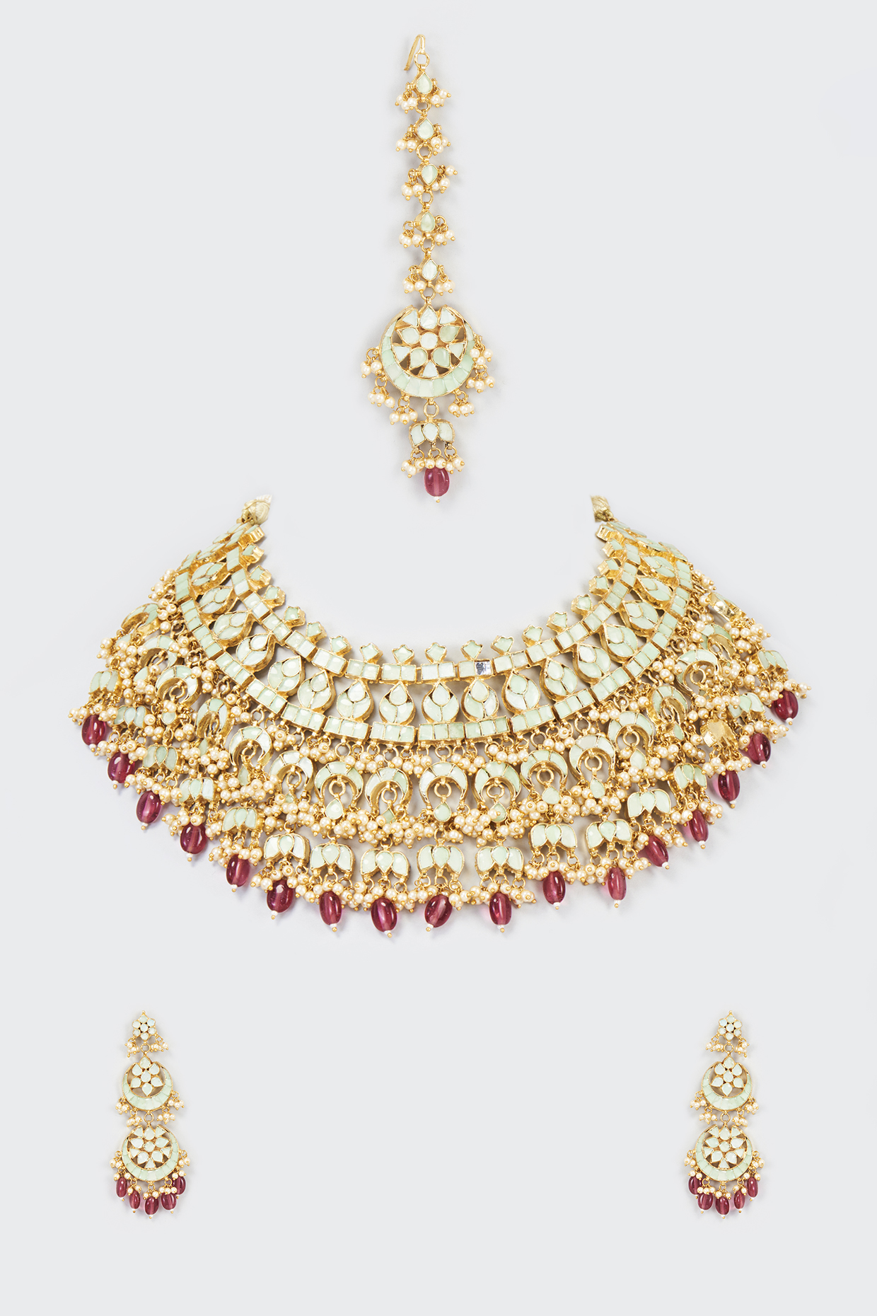 Gold Finish Green Kundan Polki Necklace Set by Adityam Jewels