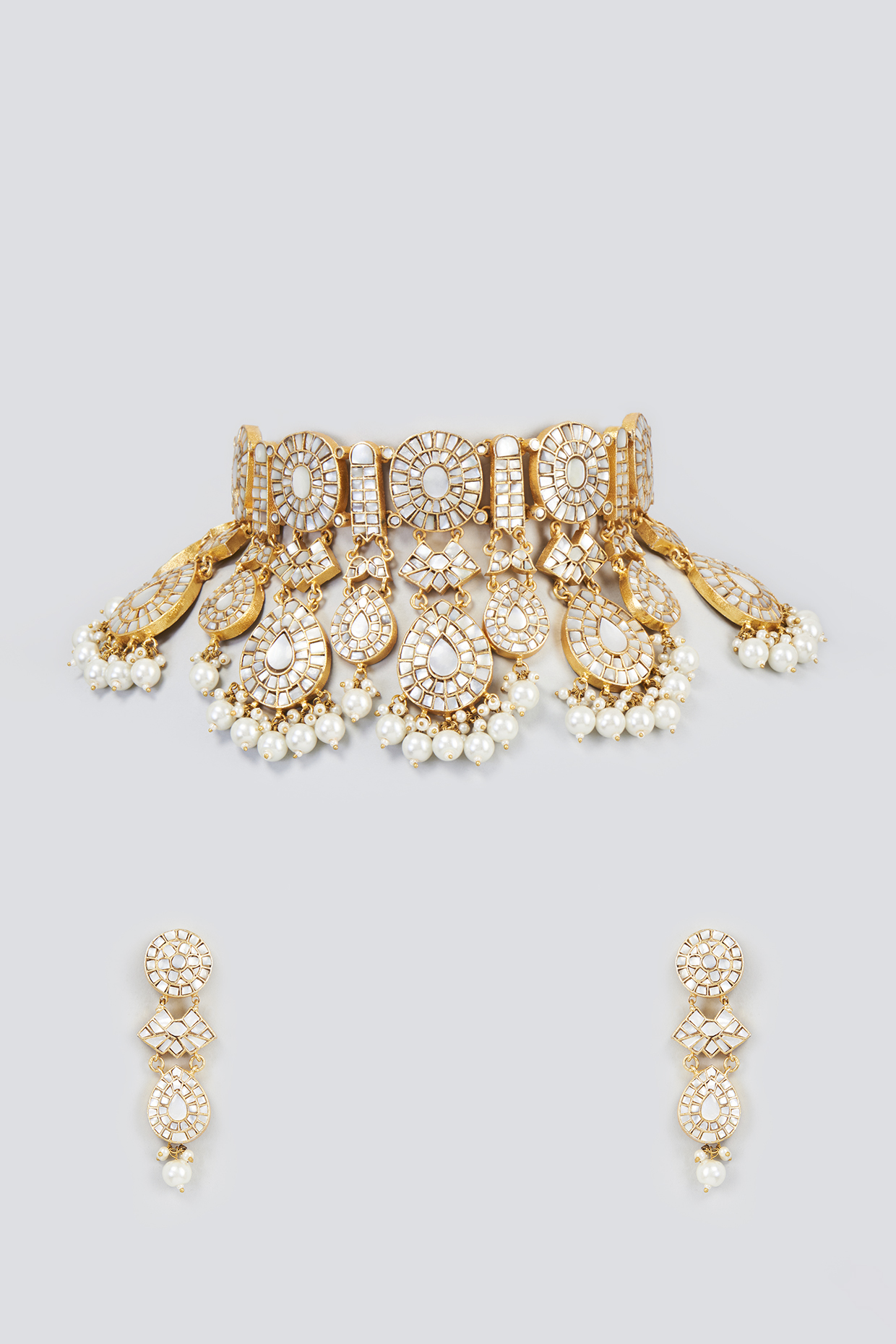 Gold Finish White Moissanite Necklace Set by Adityam Jewels