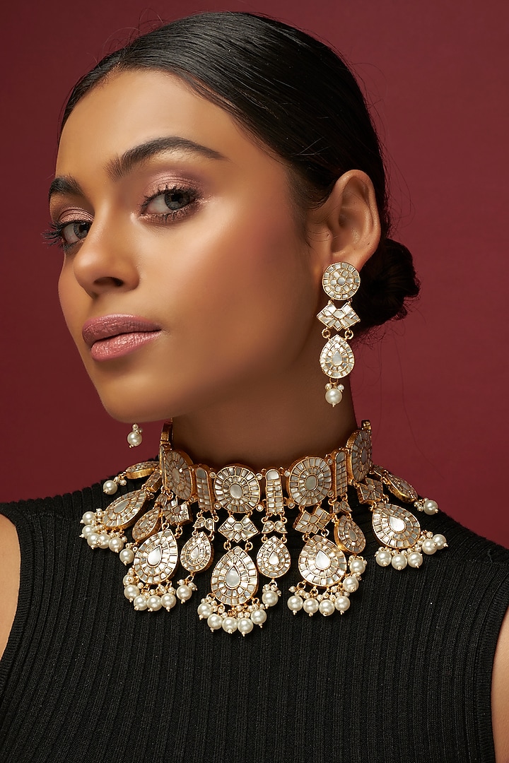 Gold Finish White Moissanite Necklace Set by Adityam Jewels