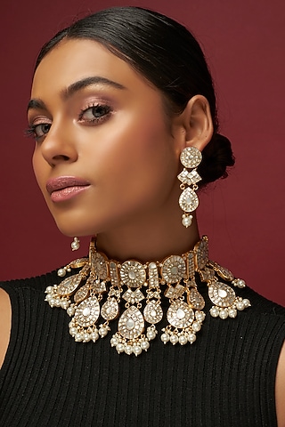 Gold Finish White Moissanite Necklace Set by Adityam Jewels