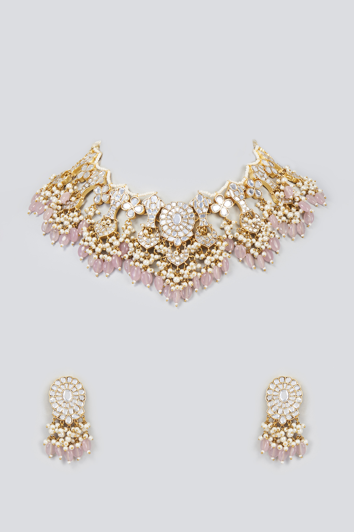 Gold Finish White Moissanite Necklace Set by Adityam Jewels