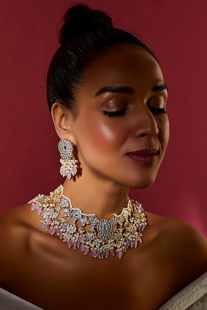 Gold Finish White Moissanite Necklace Set by Adityam Jewels