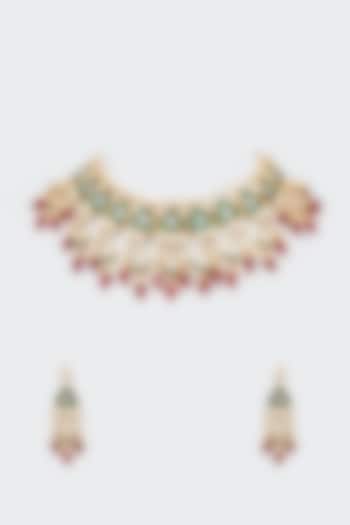Gold Finish Green Kundan Polki Necklace Set by Adityam Jewels