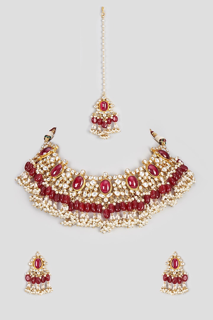 Gold Finish Kundan Polki & Red Stones Necklace Set by Adityam Jewels at Pernia's Pop Up Shop