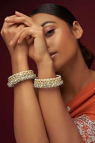 Gold Finish White Kundan Polki Bangles (Set Of 2) by Adityam Jewels