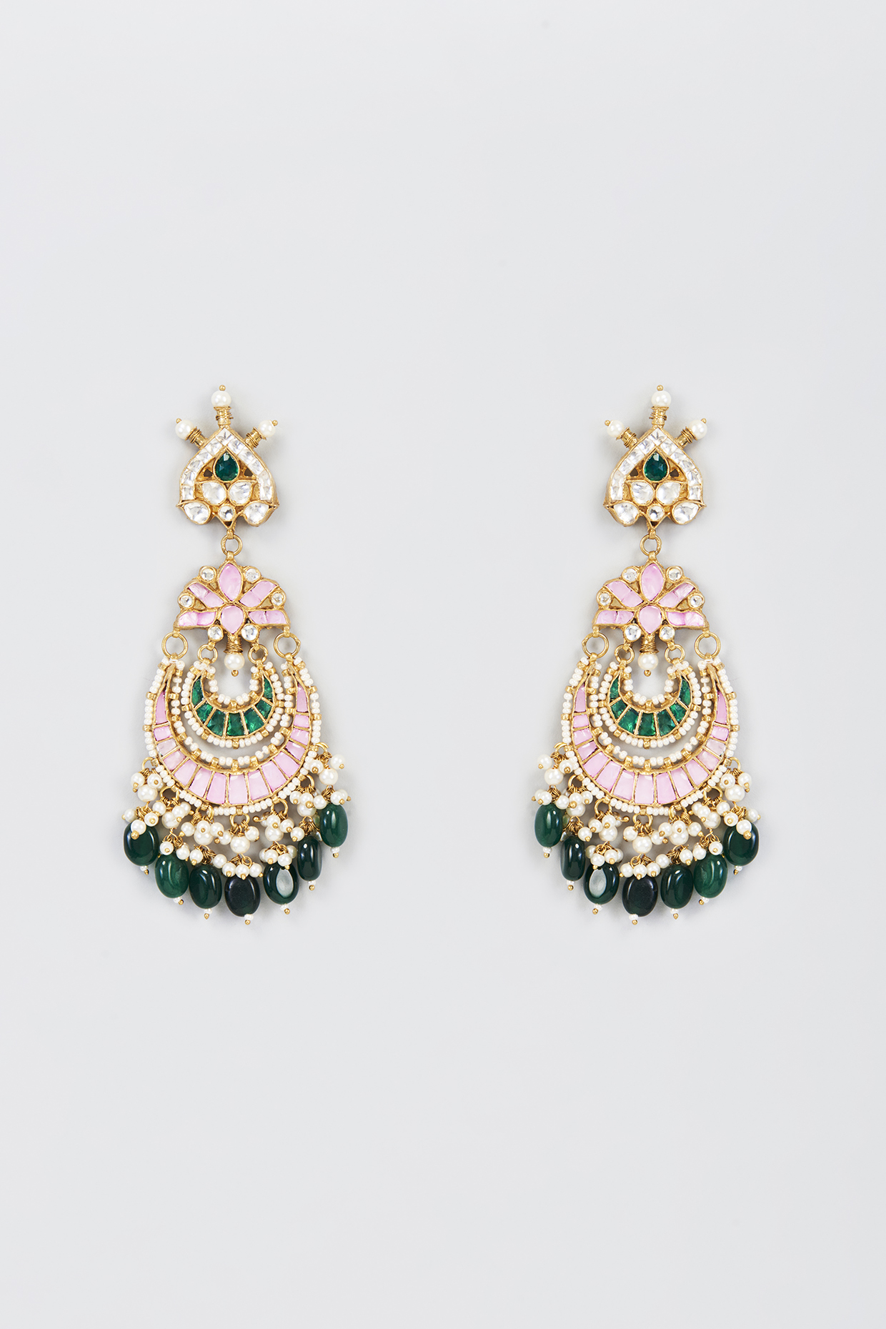Gold Finish Pink Kundan Polki Chandbali Earrings by Adityam Jewels