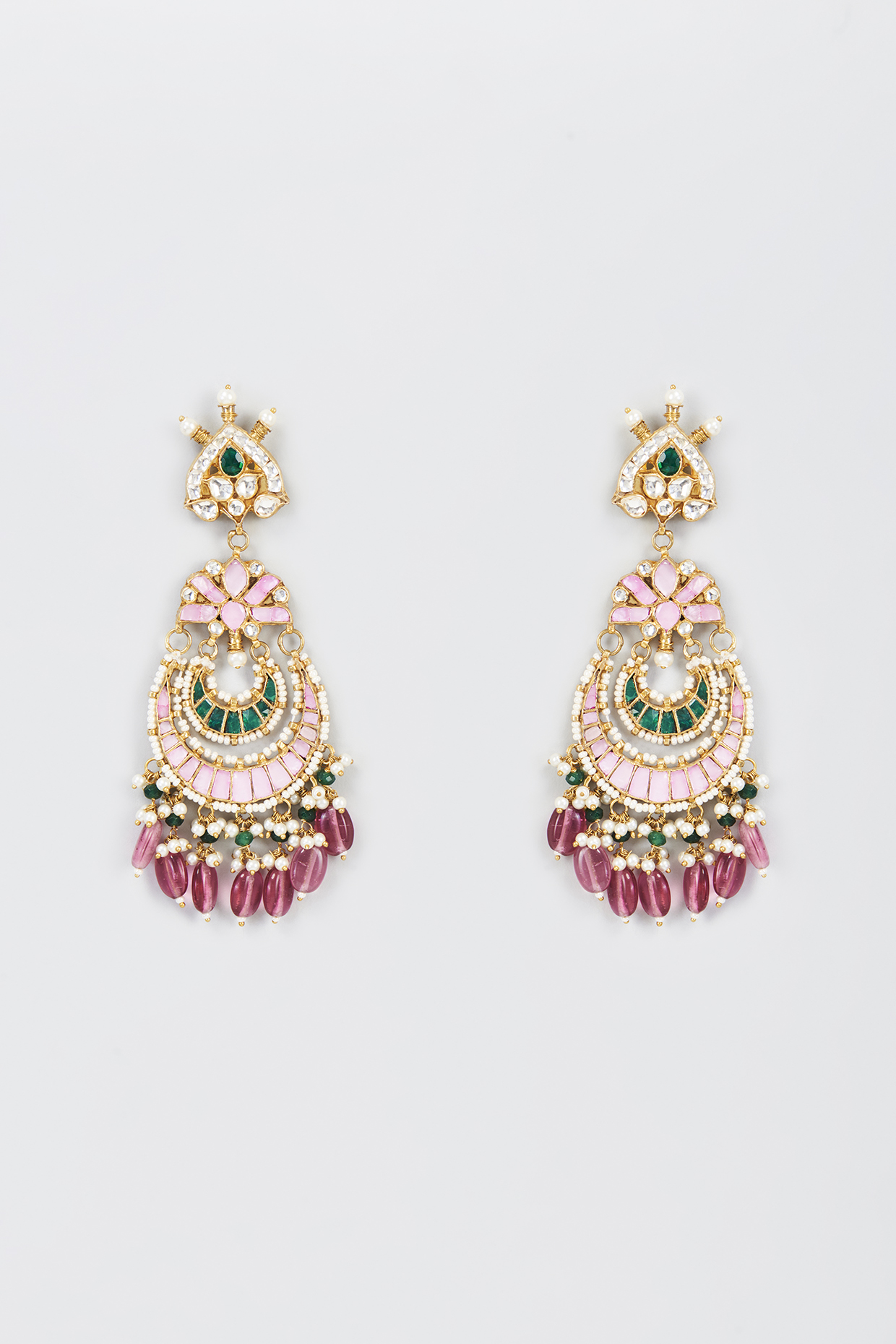 Gold Finish Pink Kundan Polki Chandbali Earrings by Adityam Jewels