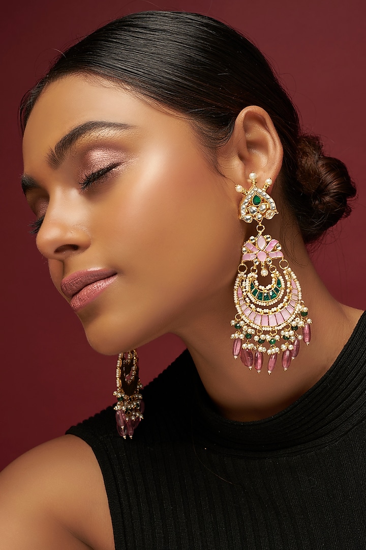 Gold Finish Pink Kundan Polki Chandbali Earrings by Adityam Jewels