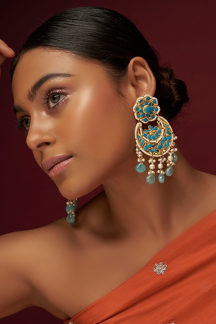 Gold Finish Blue Kundan Polki Chandbali Earrings by Adityam Jewels at Pernia's Pop Up Shop