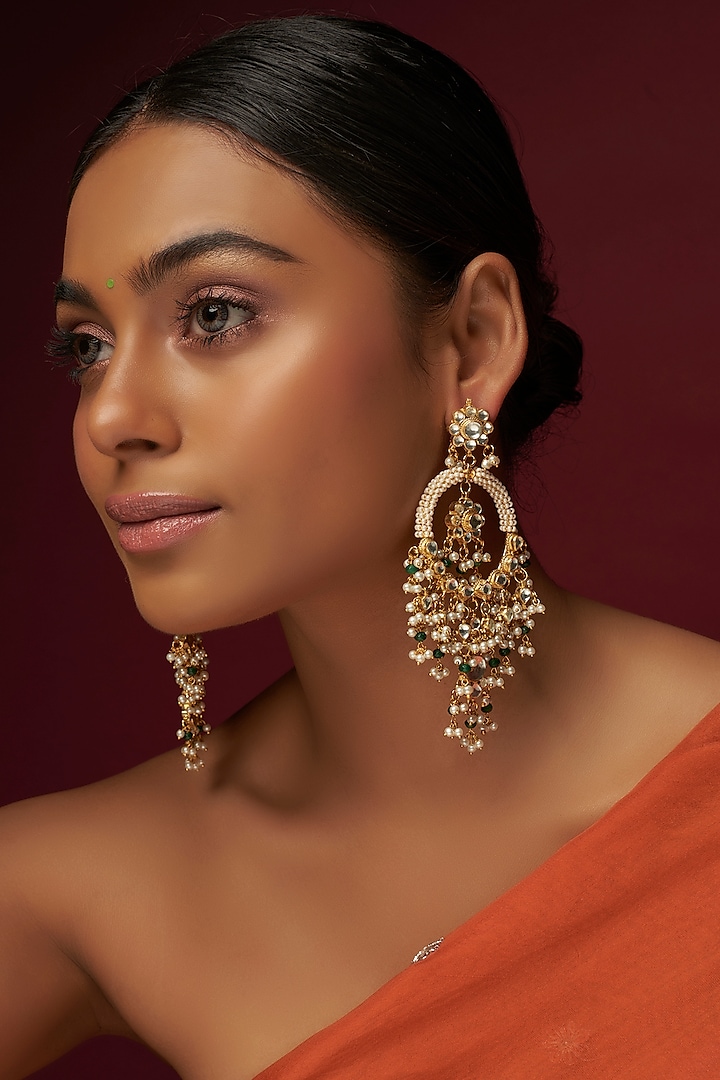 Gold Finish Kundan Polki Chandbali Earrings by Adityam Jewels