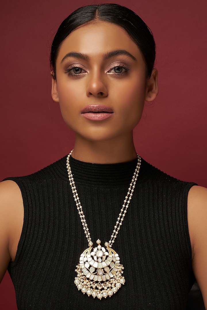 Gold Finish Grey Mother Of Pearls Long Necklace by Adityam Jewels