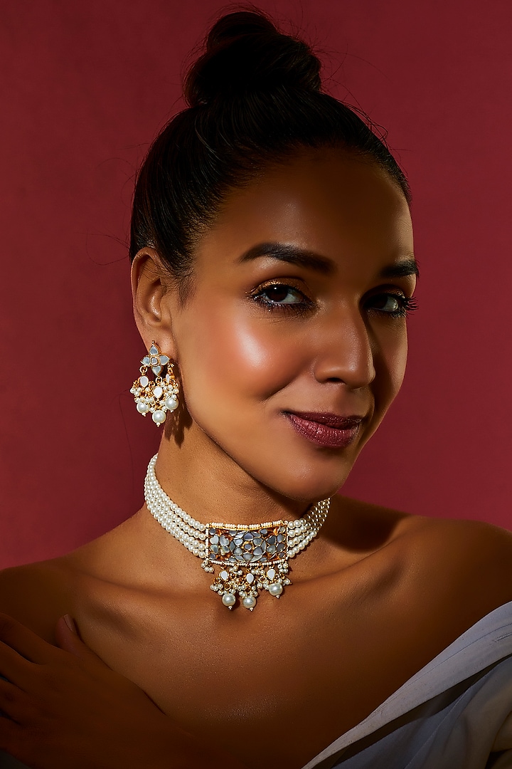 Gold Finish White Moissanite Choker Necklace Set by Adityam Jewels