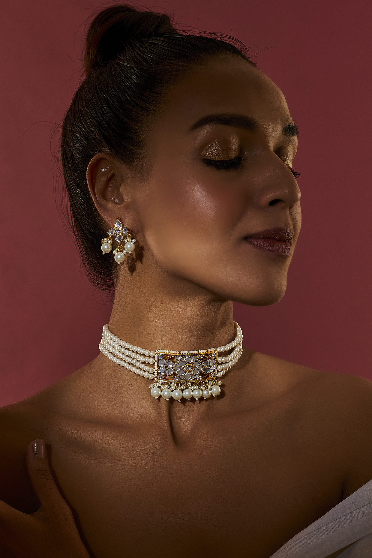 Gold Finish White Mother of pearls Choker Necklace Set by Adityam Jewels