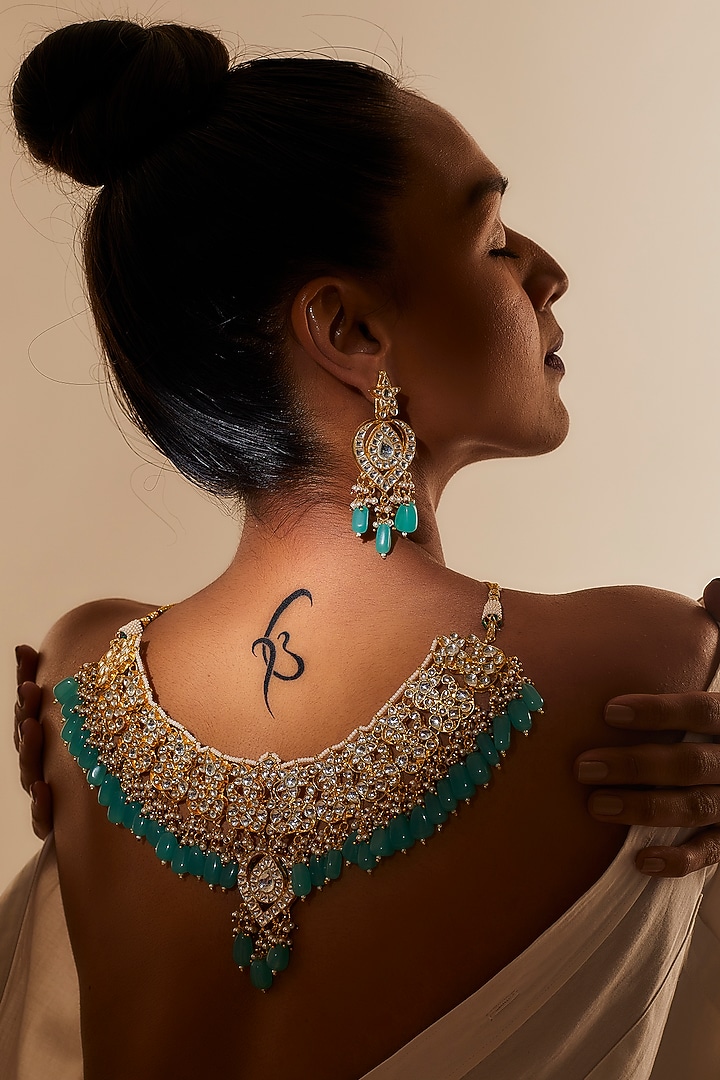 Gold Finish Kundan Polki Necklace Set by Adityam Jewels at Pernia's Pop Up Shop