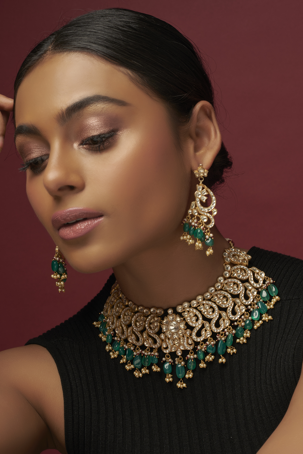 Gold Finish White Kundan Polki Necklace Set by Adityam Jewels