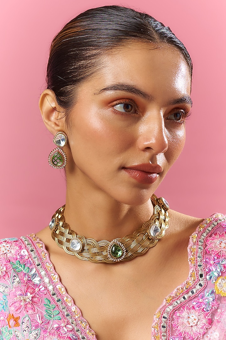 Two Tone Finish Kundan Polki Necklace Set by Adityam Jewels at Pernia's Pop Up Shop