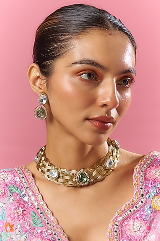 Two Tone Finish Kundan Polki Necklace Set by Adityam Jewels