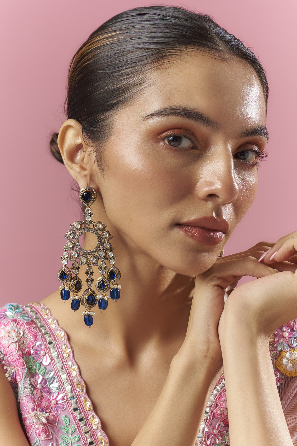 Two Tone Finish Blue Kundan Polki Chandbali Earrings by Adityam Jewels at Pernia's Pop Up Shop