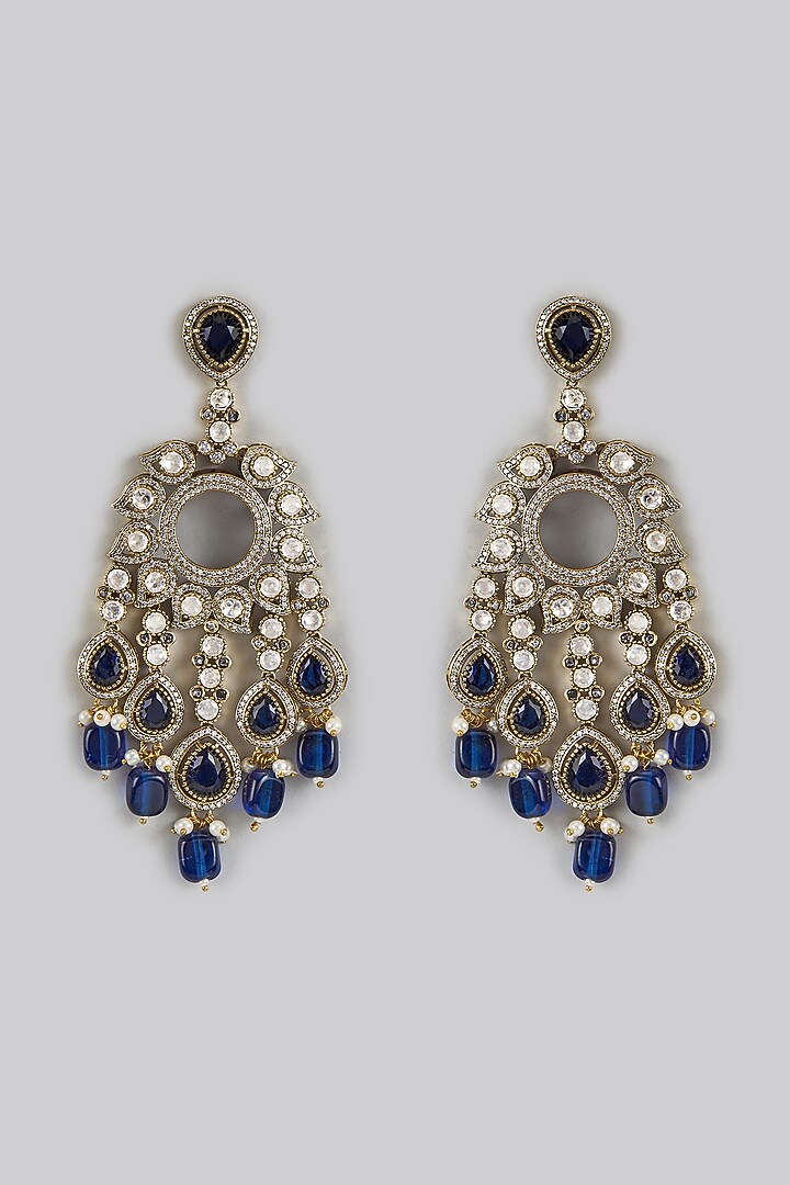 Two Tone Finish Blue Kundan Polki Chandbali Earrings by Adityam Jewels at Pernia's Pop Up Shop