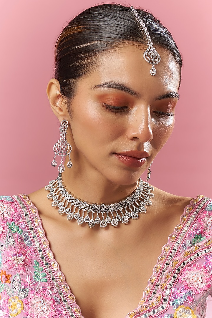 White Finish Zircon Necklace Set by Adityam Jewels at Pernia's Pop Up Shop
