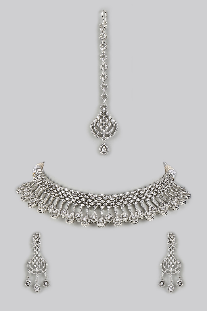 White Finish Zircon Necklace Set by Adityam Jewels at Pernia's Pop Up Shop