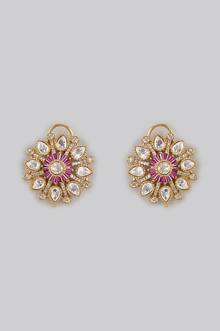 Gold Finish Red Kundan Polki Stud Earrings by Adityam Jewels at Pernia's Pop Up Shop