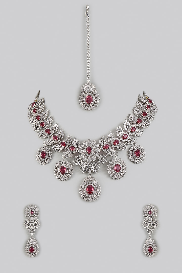 White Finish Red Zircon Necklace Set by Adityam Jewels at Pernia's Pop Up Shop