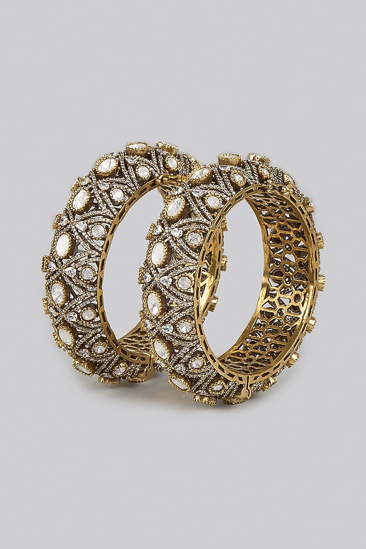 Two Tone Finish White Kundan Polki Bangles (Set Of 2) by Adityam Jewels at Pernia's Pop Up Shop